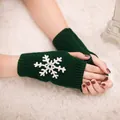 Dark green knitted fingerless gloves with white snowflake embroidery for winter warmth - One Size / Dark Green