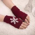 Warm burgundy knitted fingerless gloves featuring a white embroidered snowflake design - One Size / Burgundy