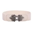 Elegant cream white wide elastic belt for women featuring an ornate vintage silver buckle - White / 75cm