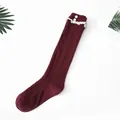 Burgundy knit knee-high socks with delicate lace trim and vintage buttons for girls. - One Size / Burgundy