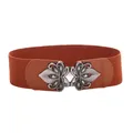 Stylish wide brown elastic waist belt for women featuring an ornate silver flower buckle - Brown / 75cm