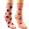 Mismatched mid-calf socks with creative red lips and toothbrush illustration patterns - One Size / Orange