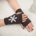 Dark grey winter knitted fingerless gloves with white snowflake embroidery for Christmas - One Size / Dark Gray