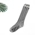 Grey knit knee-high socks with delicate lace trim and decorative wooden buttons - One Size / Dark Gray
