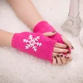 Cozy bright pink knitted fingerless gloves with festive white snowflake embroidery - One Size / Fluorescent Rose Red