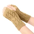 Macro view of khaki cable-knit fingerless gloves showing high-quality warm knit texture - One Size / Camel