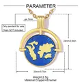Detail view of gold enamel earth pendant with specific measurements and material specs. - Earth Globe Map Style (VK487) / 1 Piece / Gold & Blue