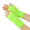 Close-up detail of neon green knitted fingerless gloves with cable knit and hollow design - One Size / Neon Yellow