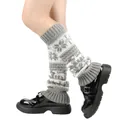 Detail of gray knitted leg warmers with Christmas snowflake and reindeer patterns - One Size / Light Gray