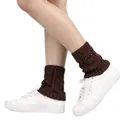 Cozy brown knit owl leg warmers with cute beaded eye details worn on white sneakers. - One Size / Coffee