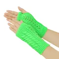 Macro view of neon green fingerless knitted gloves featuring an elegant cable knit pattern - One Size / Fluorescent Green