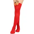 Primer plano de calcetines rojos de Navidad por encima de la rodilla con renos - Talla única / Rojo