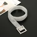 Close-up of sparkling silver full rhinestone belt for women with square buckle detail - 115-120cm / Silver Square Buckle