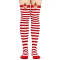 Red and white striped over-the-knee Christmas socks with 3D reindeer decoration - One Size / Red & White Stripes