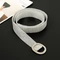 Macro view of luxury full rhinestone belt for women with sparkling silver round buckle detail - 115-120cm / Silver Oval Buckle