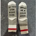 Funny cotton crew socks with 'Bring me a cold beer' text in gray, white, and red stripes - One Size / White Beige Gray (Bring Me A Cold Beer)