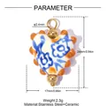 Detail view of ceramic heart pendant dimensions with blue floral and orange polka dots - Blue Floral Polka Dot Style (YK781)