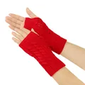 Macro detail of vibrant red cable knit fingerless gloves featuring a hollow-out pattern design - One Size / Red