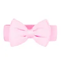 Detail view of a pink elastic belt featuring a large chiffon bowknot for dresses - Pink