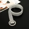 Elegant close-up view of a sparkling silver full rhinestone belt with round buckle detail - 115-120cm / Silver Round Buckle