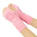 Macro view of pink cable knit fingerless gloves showing warm textured wool pattern - One Size / Pink