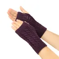 Detailed macro shot of purple knit fingerless gloves with cable knit hollow patterns - One Size / Deep purple