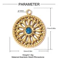 Detailed specifications of golden sun relief pendant with blue rhinestone and dimensions. - Blue Rhinestone Sun Relief Style (YK565) / 1 Piece
