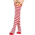 Calze natalizie sopra il ginocchio a righe bianche e rosse con renna di peluche decorativa. - Taglia unica / Righe Rosse e Bianche