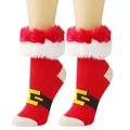 Red Christmas socks with white fuzzy trim and Santa belt design detail - Fuzzy Texture / Red