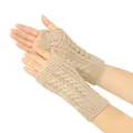 Detailed view of beige cable knit fingerless gloves with elegant hollow patterns - One Size / Deep Beige