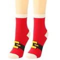 Detail shot of festive red Christmas socks with Santa belt design on mannequin legs. - Short Style B - Older Kids / Red