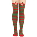 Festive red and green striped Christmas over-the-knee socks with cute 3D reindeer decor. - One Size / Red & Green Stripes