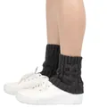 Detail view of dark grey knitted leg warmers with a cute decorative owl design pattern - One Size / Dark Gray