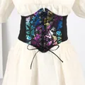 Detailed close-up of neon butterfly print wide corset belt with front lace-up tie. - Butterfly-Rainbow / 60-80cm