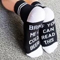 Funny letter print cotton mid-calf socks in black and white with beer quote on soles. - One Size / 2 Stripes Black White (Bring Me A Cold Beer)