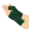 Close-up of dark green cable knit fingerless gloves featuring hollow patterns for winter. - One Size / Dark Green