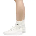 Detail view of white cable knit owl boot cuffs featuring decorative black button eyes - One Size / White