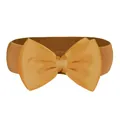 Detailed macro view of large mustard yellow satin bow on wide elastic waist cincher belt - Brown / 75cm