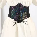 Detail view of wide elastic corset belt with colorful rainbow star print and lace-up front - Star - Multi-color / 60-80cm
