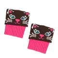Close-up detail of knitted short boot cuffs with a cute brown and pink cartoon cat jacquard pattern - One Size / Cat Style (WT163) / Coffee & Rose Red
