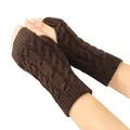 Close-up detail of brown cable knit fingerless gloves showing thick textured pattern - One Size / Coffee