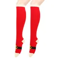 Close-up detail of festive red Christmas knee-high socks with iconic Santa belt design pattern - Long Style C - Calf Socks / Red