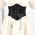 Detail view of black printed butterfly corset belt with elegant lace-up front and elastic band - Dark Butterfly Pattern / 60-80cm