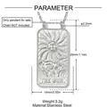 Detaillierte Abmessungen für den Sonnen-Tarot-Anhänger aus Edelstahl mit Gewichtsangabe - The Sun Gravierter Quadratischer Stil (YK580) / Nur Anhänger (ohne Kette)