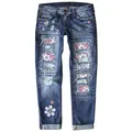 Dettaglio dei jeans in denim strappati slim-fit da donna con toppe con stampa floreale - Taglia S / Pantaloni e gonne / Floreale Rosa