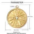 Close-up of gold stainless steel compass pendant with rhinestone and size parameters - Compass Round Rhinestone Style (YK568) / 1 Piece