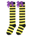 Halloween children's knee-high socks with yellow and black stripes and purple bows - Kids (7-12 Years) / Black Yellow Striped/Purple Bow
