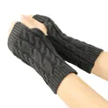 Macro view showing the intricate dark grey cable knit pattern on fingerless winter gloves. - One Size / Dark Gray