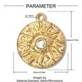 Detailed parameter view of a sun relief pendant in stainless steel with rhinestone. - Sunbeam Round Rhinestone Style (YK569) / 1 Piece