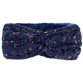 Vue macro d'un bandeau en tricot bleu avec des taches colorées et doublure polaire. - Bleu Foncé avec Taches Arc-en-ciel
